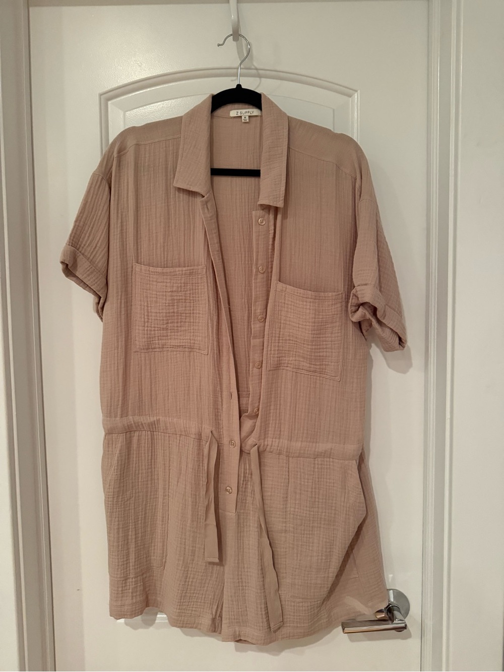 Z Supply Taupe Gauze Button-Front Shirt Dress with Tie